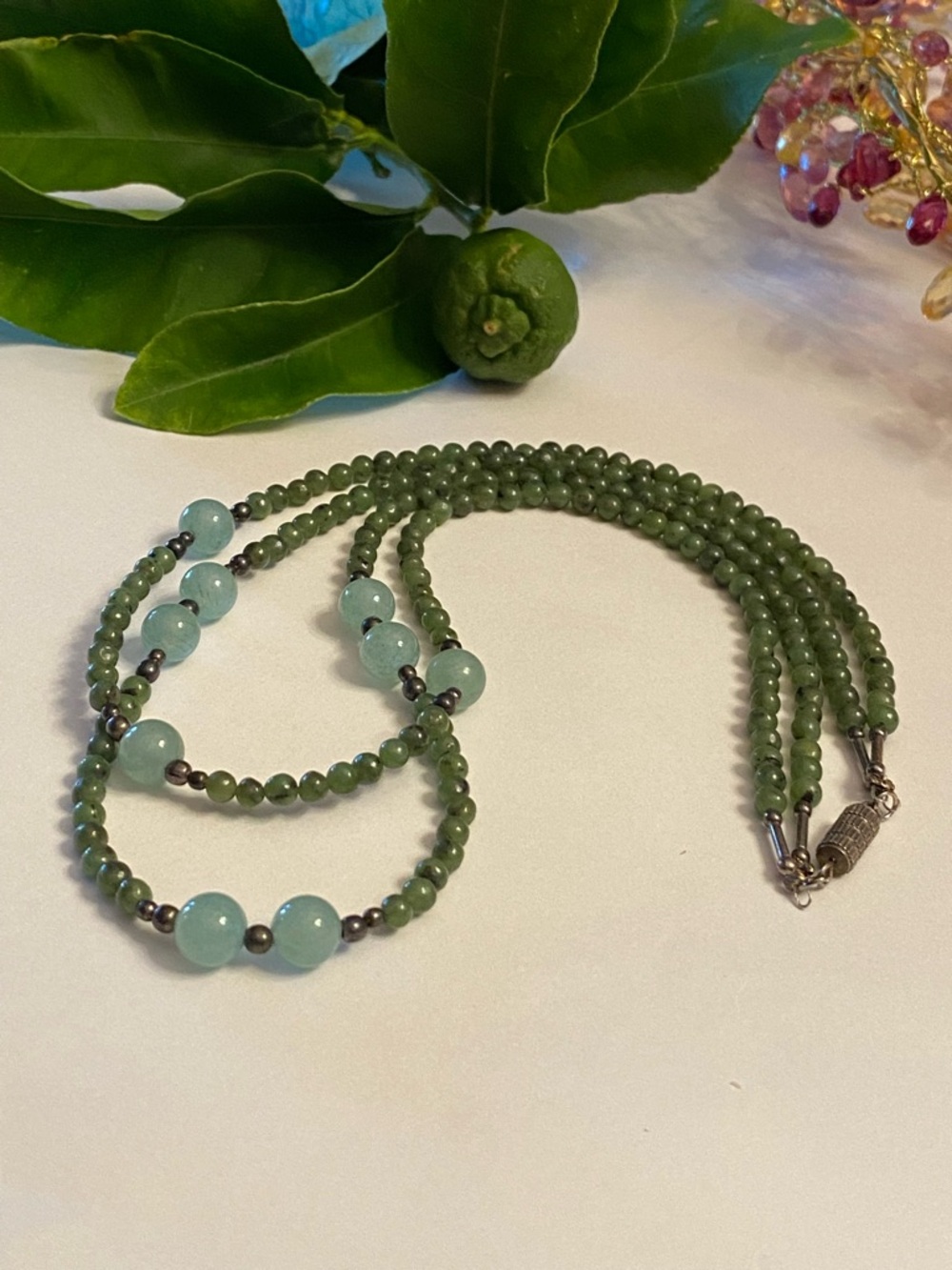 Vintage Blue Water Jade Green Jade Sterling Silver Double Strand Necklace